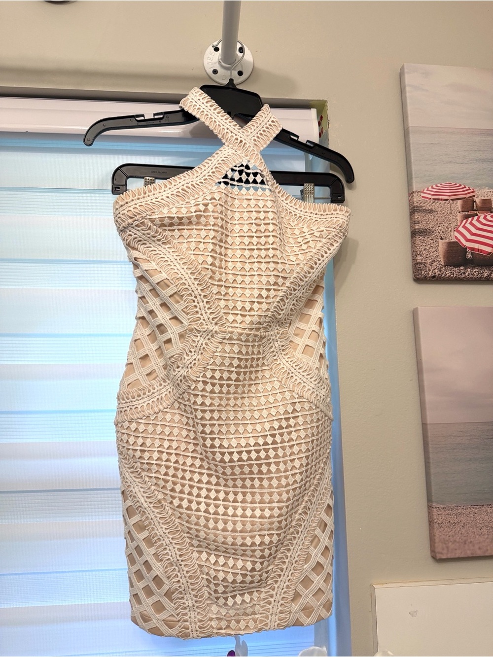 Tobi Halter Crochet Mini Dress in Cream and white